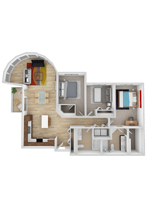 Floor plan for 3 beds, 2 baths, 1305 sqft